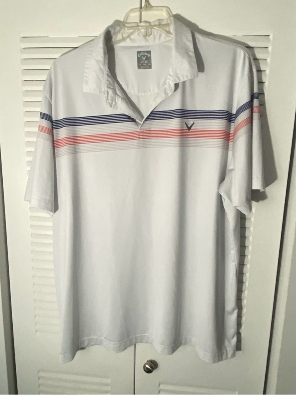 Callaway White Polo with Blue and Coral Stripe Chest Detail
